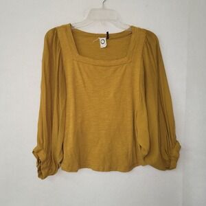 Anthropologie Akemi Kin Decker Top Womens XS Mustard 3/4‎ Sheer Balloon Sleeve